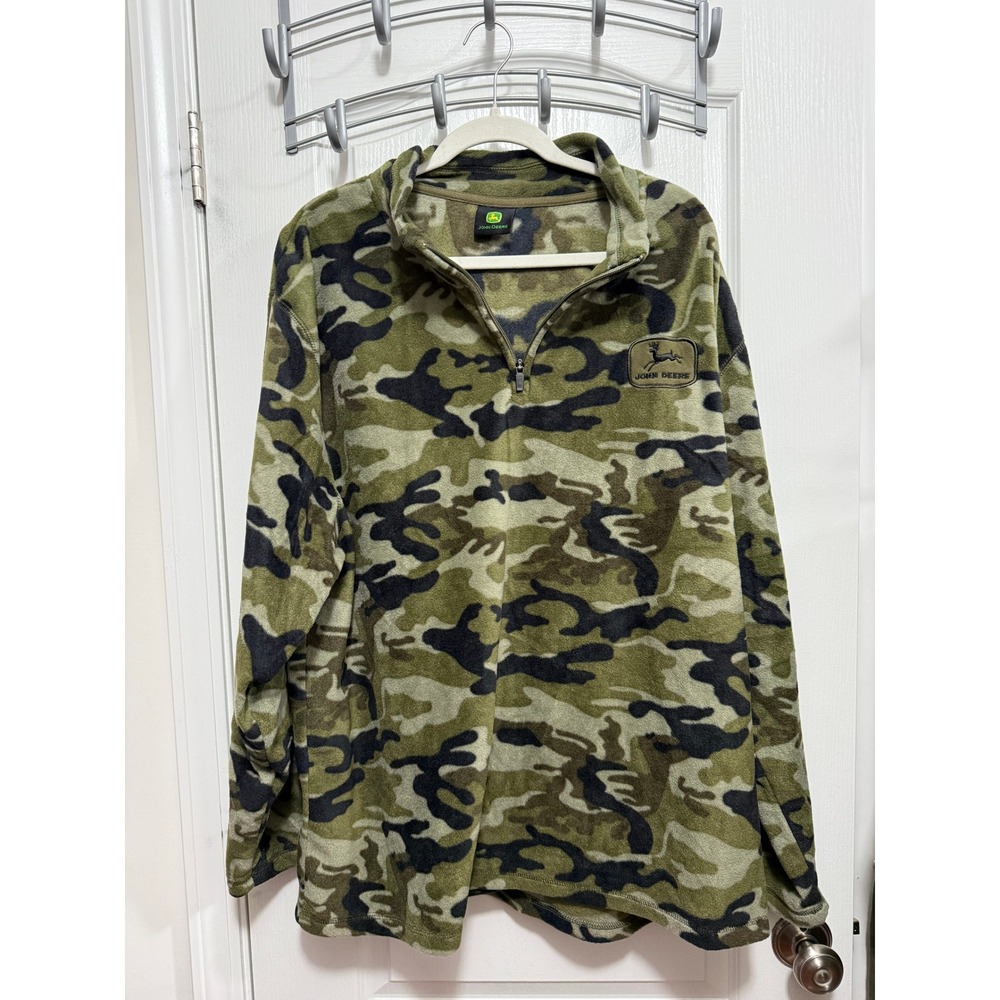 John Deere Mens XXL Camo Fleece Quarter Zip Pullover Woodland Camouflage Jacket